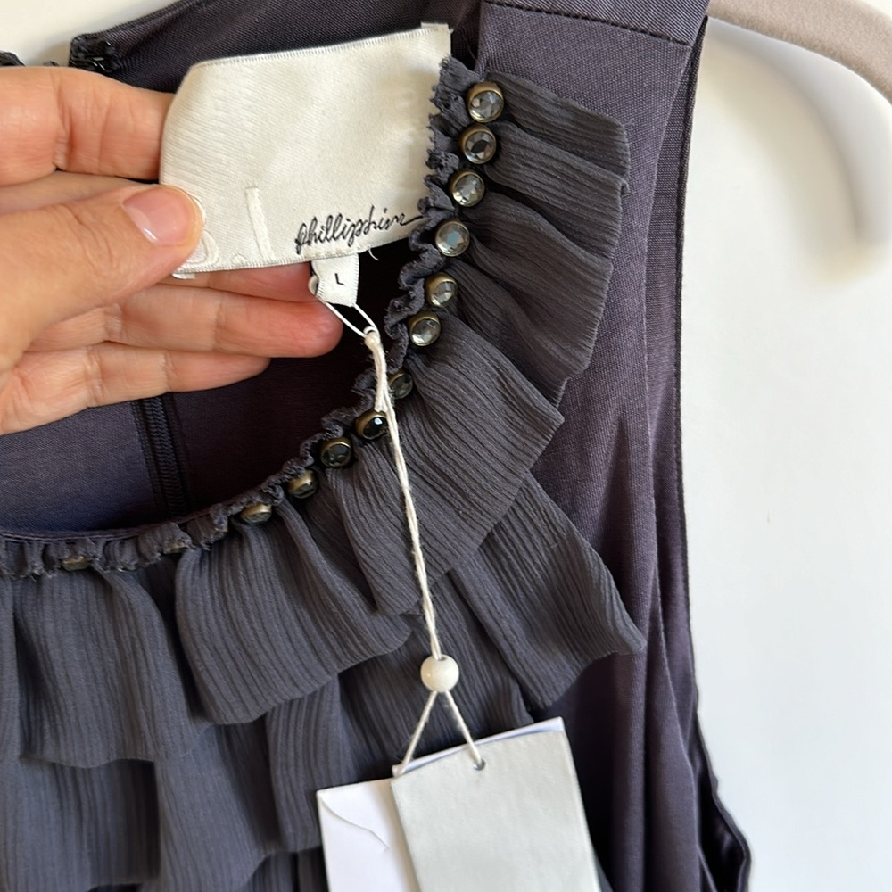 NWT Phillip Lim Scoop Neck Mini Dress Gray Ruffle Crystal Accents Sleeveless - Picture 4 of 8